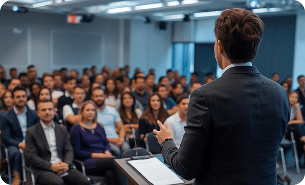 eine Gruppe von Menschen hört einem Vortrag zu