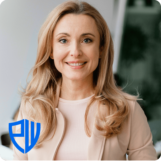 Smiling woman with company logo